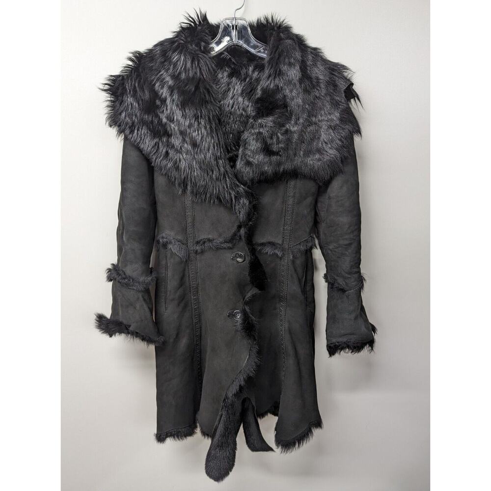 Di Bello Women's Leather Shearling Fur Midi Black Coat Made In Italy Size Small